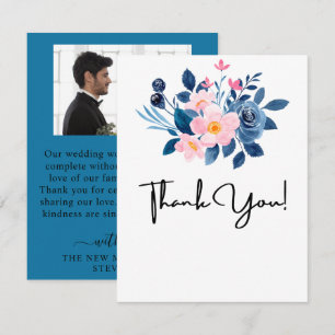 Cartão De Agradecimento Acrática Aquarela de um Buquê Floral Rosa e Azul