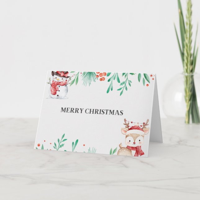 Cartão De Agradecimento Adorable Snowman & Reindeer Blank  (Frente)