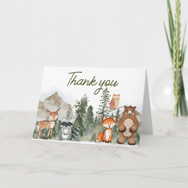 Cartão De Agradecimento Adventure Aguarda Chá de fraldas Woodland (Frente)