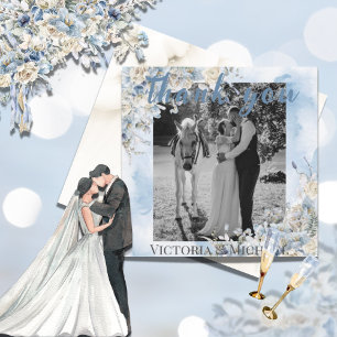 Cartão De Agradecimento Água-forte Azul Floral Foto Watercolor Casamento 