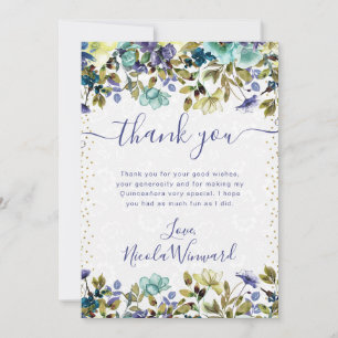 Cartão De Agradecimento Água-forte Azul-marinho e Flores Quinceanera