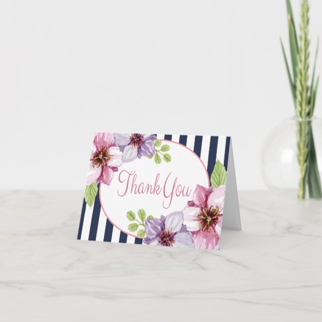Cartão De Agradecimento Água-forte Floral Roxa Obrigado Listras Azuis (Frente)