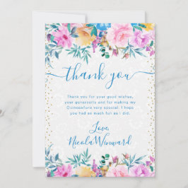 Cartão De Agradecimento Água-forte Flores Rosa e Azul Quinceanera
