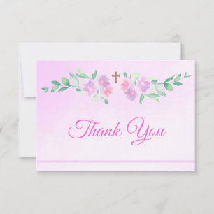 Cartão De Agradecimento Água-Rosal Rosa em Aquarela Ombre Cruz Batismo Men