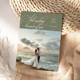 Cartão De Agradecimento Ainda Sorriso Foto de Casamento Elegante Verde Sag