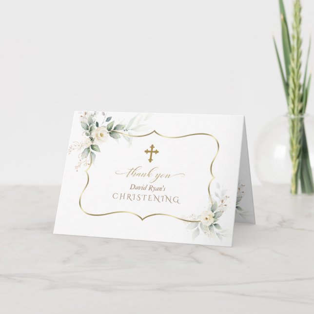 Cartão De Agradecimento Airy Greenery White Flowers Photo Boy Christening (Frente)