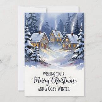 Cartão De Agradecimento Aldeia de Inverno Aconchegante Natal em Aquarela