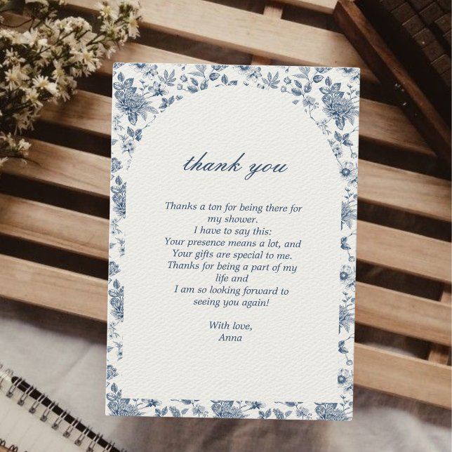 Cartão De Agradecimento Algo Azul Antes da Chuvadeira de Noiva Floral (thank you bridal shower card something blue before i do" chinoiserie victorian art foile blue)