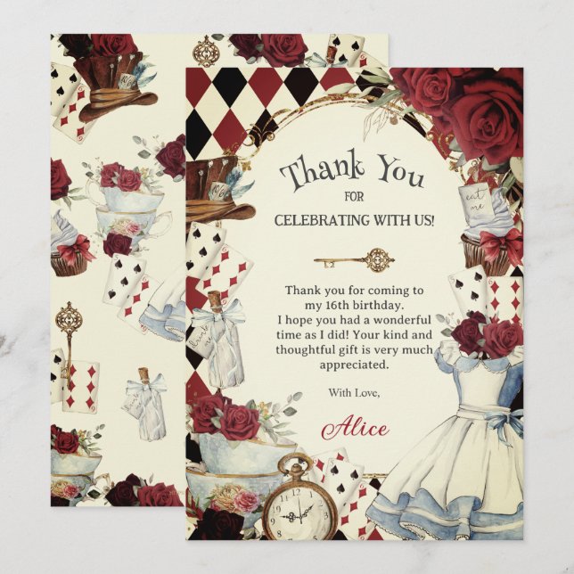 Cartão De Agradecimento Alice in Wonderland Floral Bridal Shower Tea Party (Frente/Verso)