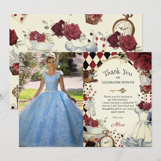 Cartão De Agradecimento Alice in Wonderland Floral Sweet 16 Bridal Photo (Frente/Verso)