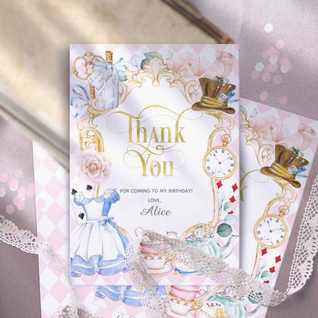 Cartão De Agradecimento Alice Onederland, Criança Louca, primeiro aniversa (Pink, Alice in Wonderland, girl 1st birthday thank you cards)