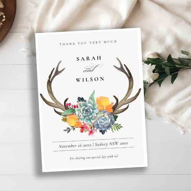 CARTÃO DE AGRADECIMENTO ALLURE FLORAL SUCCULENT ANTLER BOHEMIAN, OBRIGADO (Criador carregado)