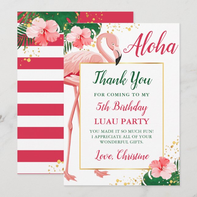 Cartão De Agradecimento Aloha Flamingo Rosa Floral Aniversário (Frente/Verso)