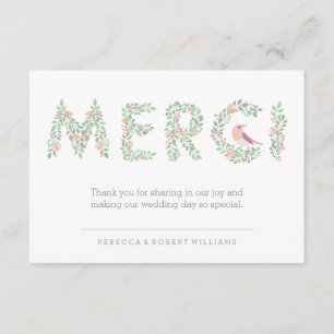 Cartão De Agradecimento Amar Pássaros e Letras Merci