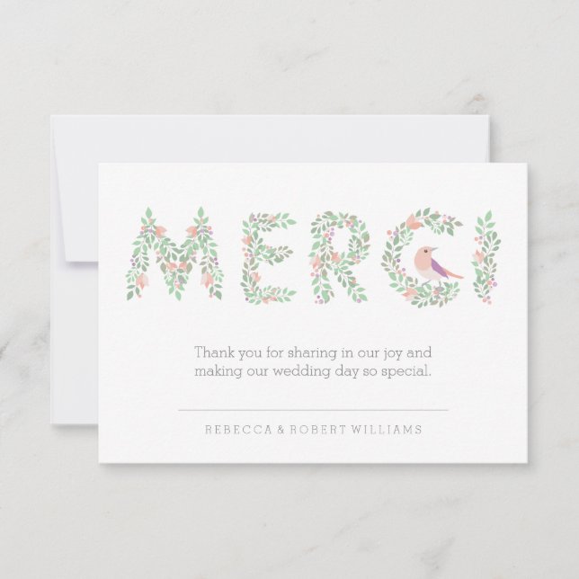 Cartão De Agradecimento Amar Pássaros e Letras Merci (Frente)