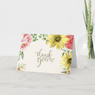 Cartão De Agradecimento Amarelo, cor-de-água rosa, floral Obrigado
