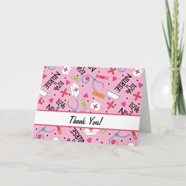 Cartão De Agradecimento Ame uma enfermeira Obrigado Arte Médica Rosa (Frente)