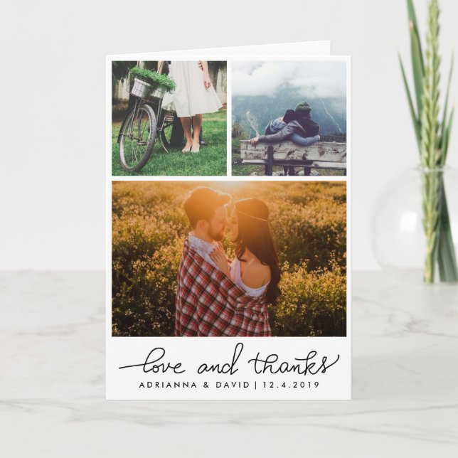Cartão De Agradecimento Amor de três fotos e roteiro Wedding dos obrigados (Frente)