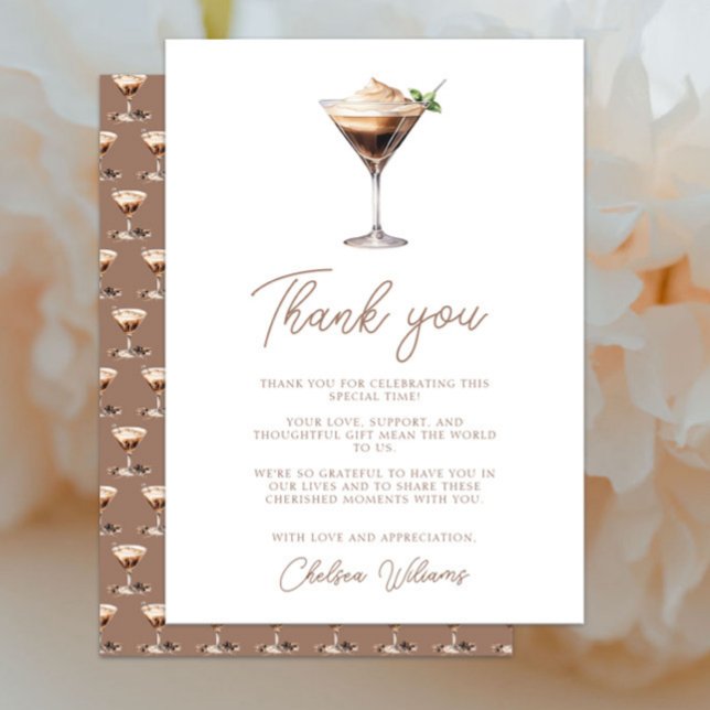 Cartão De Agradecimento Amor é Criar Chá de panela Espresso Martini (Love is Brewing Espresso Martini Bridal Shower Thank You Card, Elegant Chic Modern, Mocha Brown)