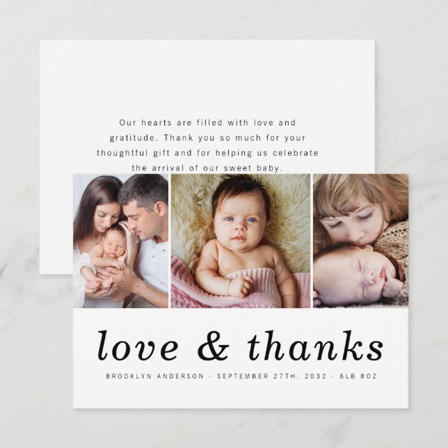 Cartão De Agradecimento Amor e Obrigados | Três Fotografias Novo Bebê (Frente/Verso)