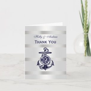 Cartão De Agradecimento Âncora Azul Prata Branco Marinho Monograma Círculo