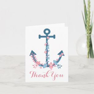 Cartão De Agradecimento Âncora de Navio Obrigado Náutico Floral Rosa e Azu