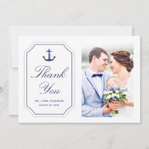 Cartão De Agradecimento Âncora Náutica Azul em Foto de Casamento Branca