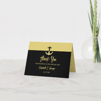 Cartão De Agradecimento Âncora Náutica - Dourado Negro - Casamento de Prai