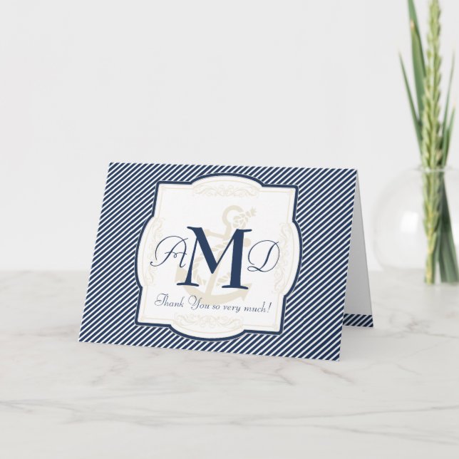 Cartão De Agradecimento Âncora Náutica Listras Diagonais Remoinho Moderno  (Frente)