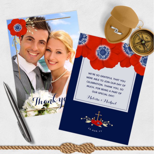 Cartão De Agradecimento Anêmonos Azuis Brancos Náuticos 📸 Foto Obrigado (Criador carregado)