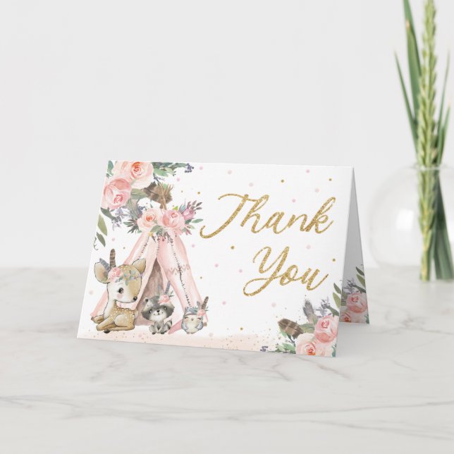 Cartão De Agradecimento Animais da Floresta Boho Tribal Chá de fraldas Ani (Frente)