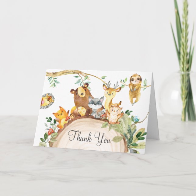 Cartão De Agradecimento Animais da Floresta Chá de fraldas primeiro aniver (Frente)
