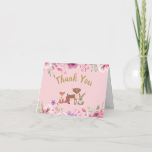Cartão De Agradecimento Animais da Floresta Floral Rosa Obrigado