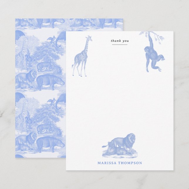 Cartão De Agradecimento Animais da Selva Toile Azul Safari Chinoiserie (Frente/Verso)