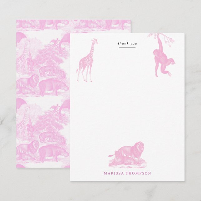 Cartão De Agradecimento Animais da Selva Toile Rosa Chinoiserie Safari (Frente/Verso)