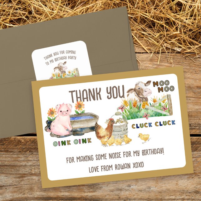 Cartão De Agradecimento Animais de exploração e Aniversário de criança de  (Thank You for Making some Noise for my Birthday (editable) Farm Themed Thank You Card)