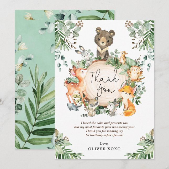 Cartão De Agradecimento Animais de Floresta de Aniversário Verde Adorável (Frente/Verso)