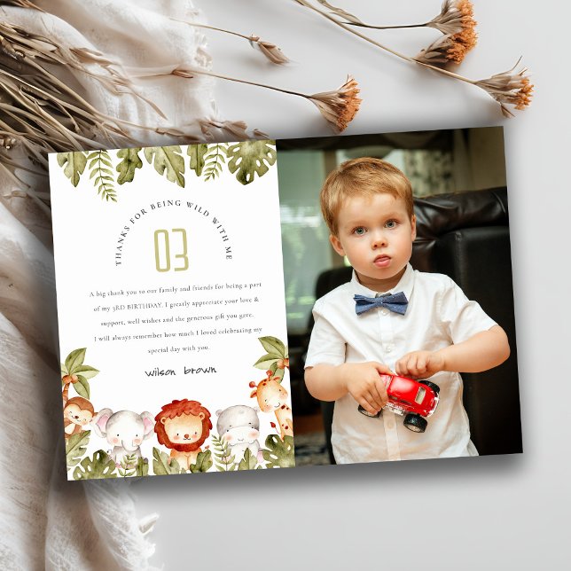 Cartão De Agradecimento Animais de Safari Tropical Selvagem Foto de Aniver (Criador carregado)