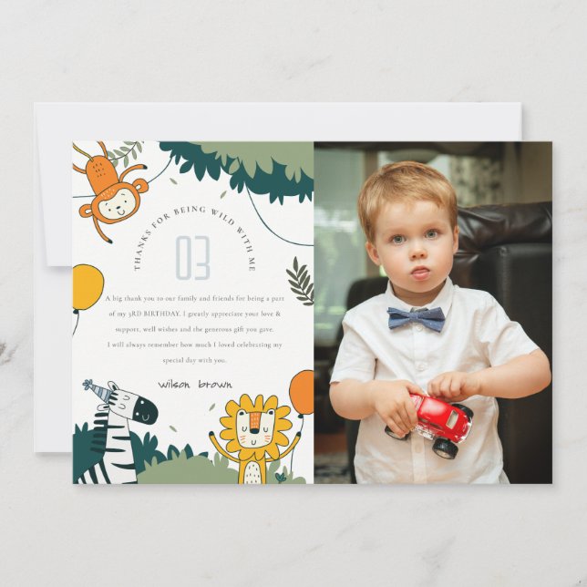 Cartão De Agradecimento Animais Selvagens Fofos da Selva Foto de Aniversár (Frente)