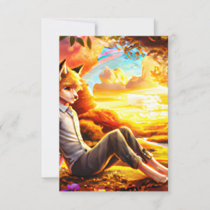 Cartão De Agradecimento Anime Fox Masculino na Paisagem no Sunset