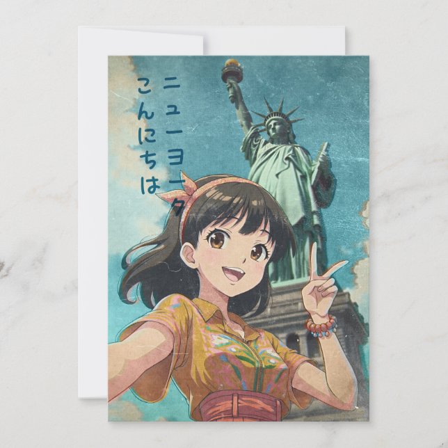 Cartão De Agradecimento Anime Girl and Statue of Liberty, New York - Retro (Frente)