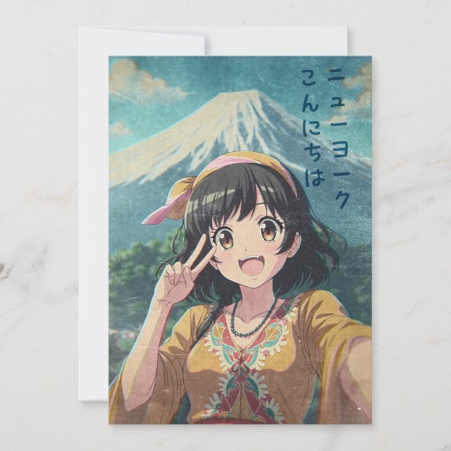 Cartão De Agradecimento Anime Girl at Mount Fuji, Japan - Retro Kawaii Art (Frente)