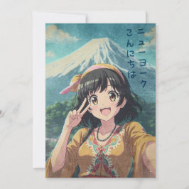 Cartão De Agradecimento Anime Girl at Mount Fuji, Japan - Retro Kawaii Art