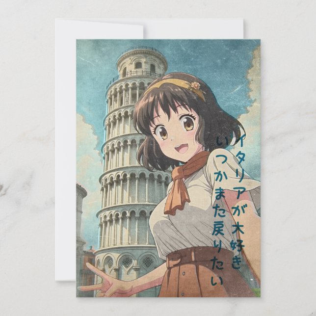 Cartão De Agradecimento Anime Girl in Pisa, Italy - Retro Kawaii Art	 (Frente)