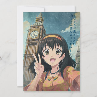 Cartão De Agradecimento Anime Girl with Big Ben, London - Retro Kawaii Art