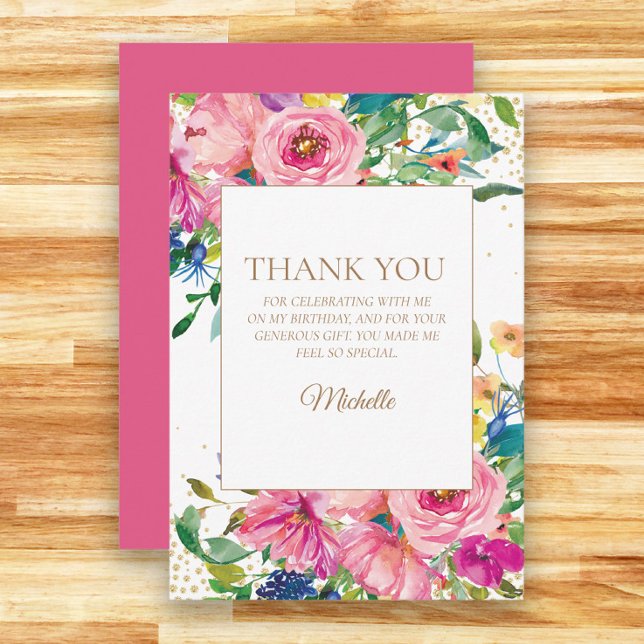 Cartão De Agradecimento Aniversário Amarelo Cor-de-rosa - Obrigado (Pink and blue watercolor floral birthday party thank you card)