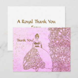 Cartão De Agradecimento Aniversário Conto de Fadas Princesa Rosa e Dourado