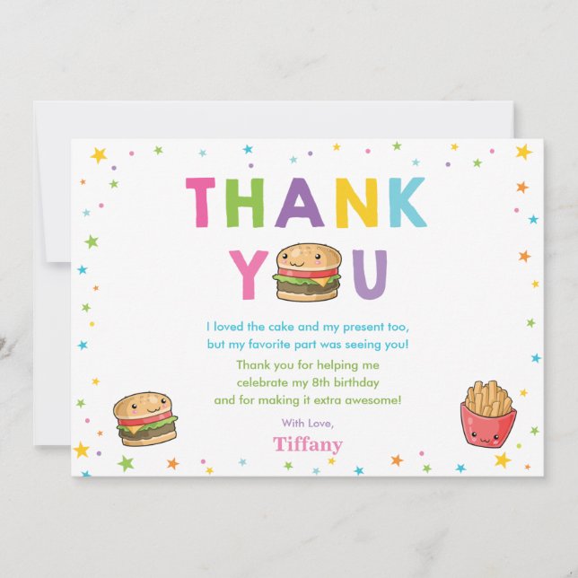 Cartão De Agradecimento Aniversário da Festa de Burger de Comidas Rápida K (Frente)