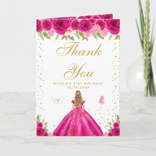 Cartão De Agradecimento Aniversário da Menina de Cabelo Loiro Floral Rosa