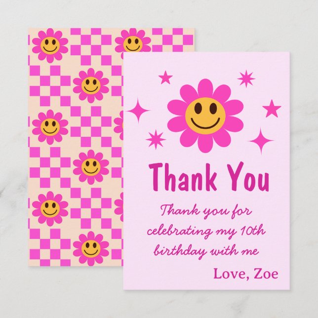 Cartão De Agradecimento Aniversário da Menina Rosa-Rosa Sorridente (Frente/Verso)